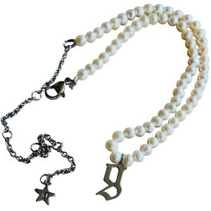 Dalmata Initial goth letter B Pearl Necklace silver plated Freshwater choker 17"
